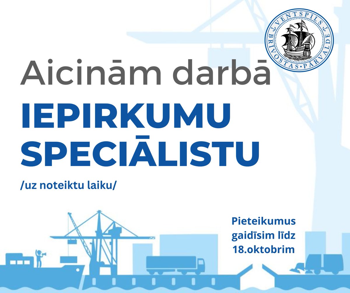 Aicinām darbā IEPIRKUMU SPECIĀLISTU!
📅Pieteikšanās līdz 18. oktobrim!
ℹ️ Plašāka informācija par vakanci:  portofventspils.lv/lv/brivostas-p… 
#teirdarbs #strādābrīvostā