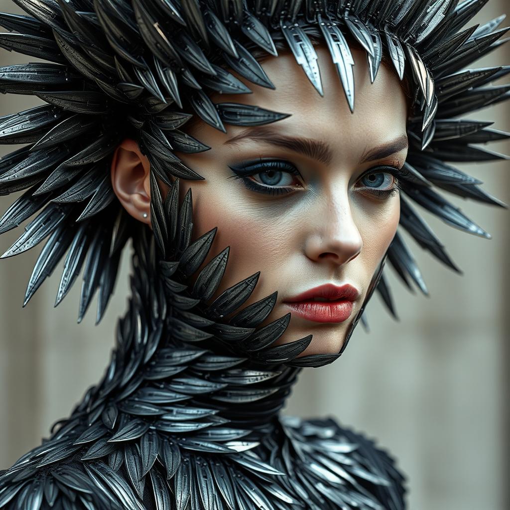 Zane_Twi's tweet image. Step into a world of intricate minimalism with this dark silver and light black costume, made from metal blades. Inspired by Laurent Chehere, Joana Vasconcelos, and Charly Amani. #texturecollage #intricatefashion ✨🖤🗡️