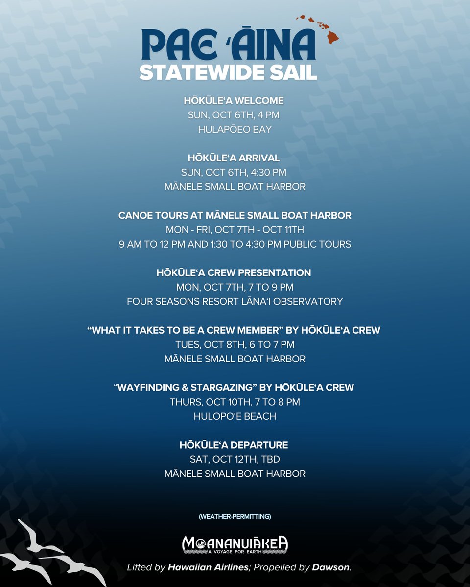 Announcing our Public Event Schedule for Mānele, Lānaʻi!

Stay updated with the latest dates and ports by visiting hokulea.com