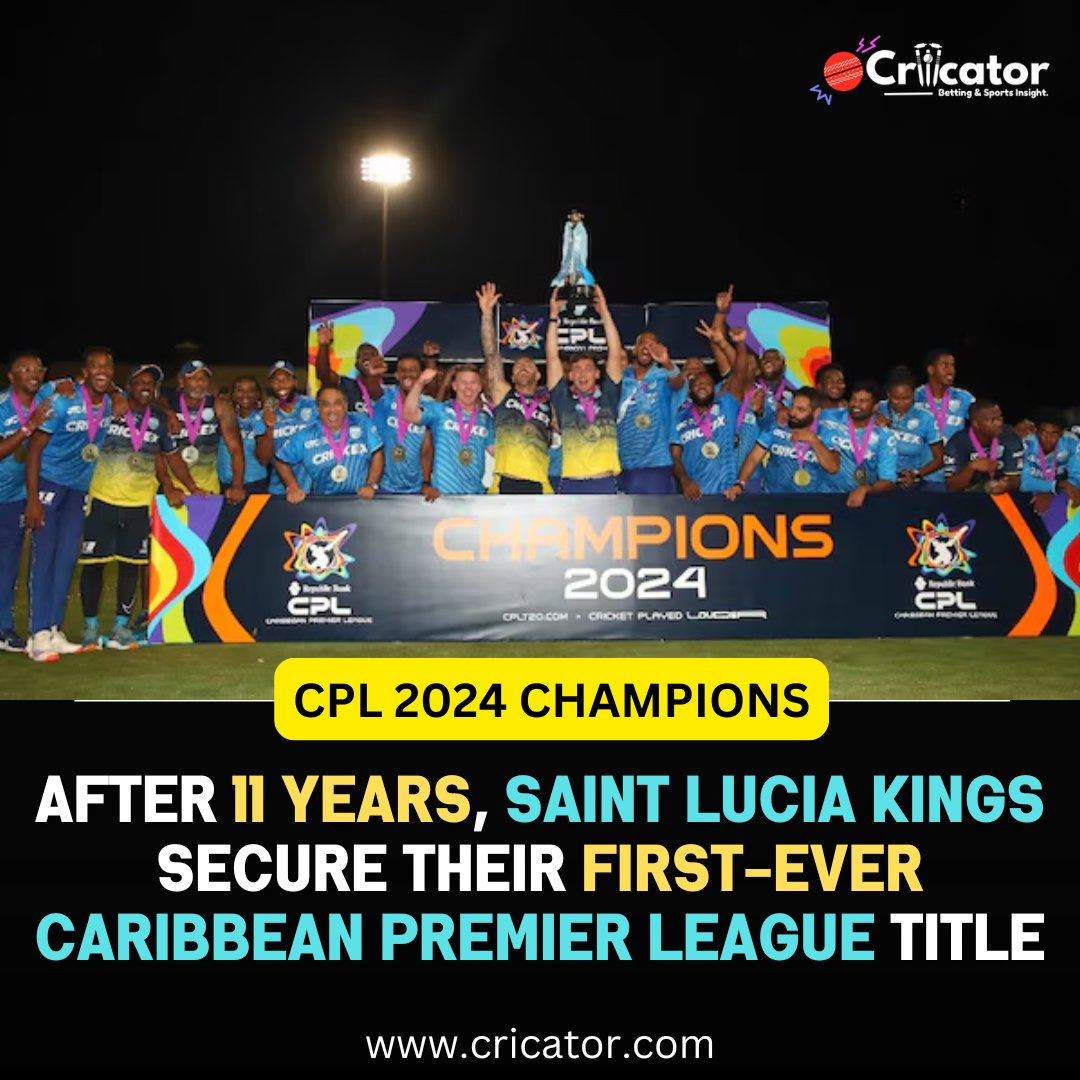 cricator's tweet photo. After 11 years, Saint Lucia Kings secure their first-ever Caribbean Premier League title @faf1307 #CPLFinal #Cricket https://t.co/pXDB2R61zz