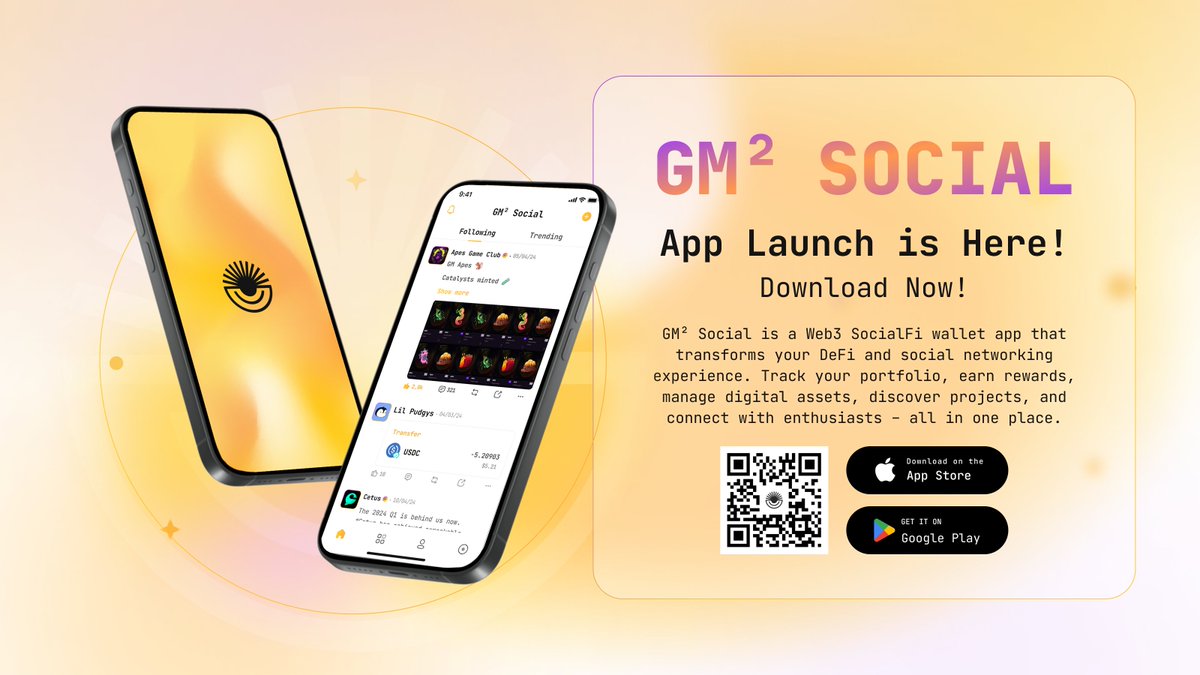 🚀 GM² Social is officially LIVE! 🚀

The first-ever Metis-native Mobile Wallet &amp; SocialFi Super App is here, and you can now download it on iOS and Android! 📱💡

🌟 It’s time to take your Web3 experience to the next level. Manage your assets, connect with influencers, and
