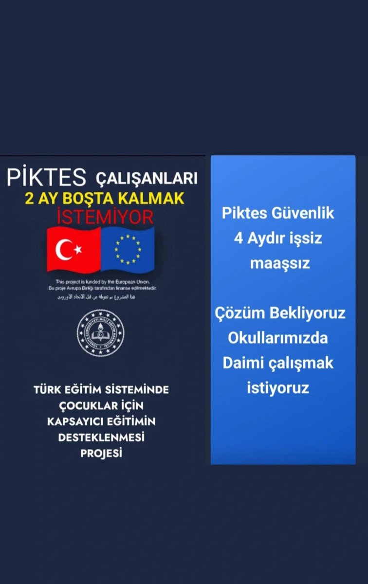 #PİKTES güvenlik ve temizlik çalışanları olarak 4aydır işsiziz. Geçim sağlayamıyoruz. Başlama tarihimiz 1Eylül'ken erteleniyor ve ne zaman başlayacağımızı bilmiyoruz. <a href="/Yusuf__Tekin/">Yusuf Tekin</a> <a href="/cengizmete/">Cengiz Mete</a> <a href="/CelileErenOKTEN/">Celile Eren ÖKTEN</a> <a href="/mebhbogm/">MEB Hayat Boyu Öğrenme Genel Müdürlüğü</a> <a href="/chnkvnc/">Cihan KIVANÇ</a> @Piktes2Projesi <a href="/EUDelegationTur/">AB Türkiye Delegasyonu🇪🇺EU Delegation to Türkiye</a>
<a href="/tcmeb/">Millî Eğitim Bakanlığı</a> <a href="/RTErdogan/">Recep Tayyip Erdoğan</a>