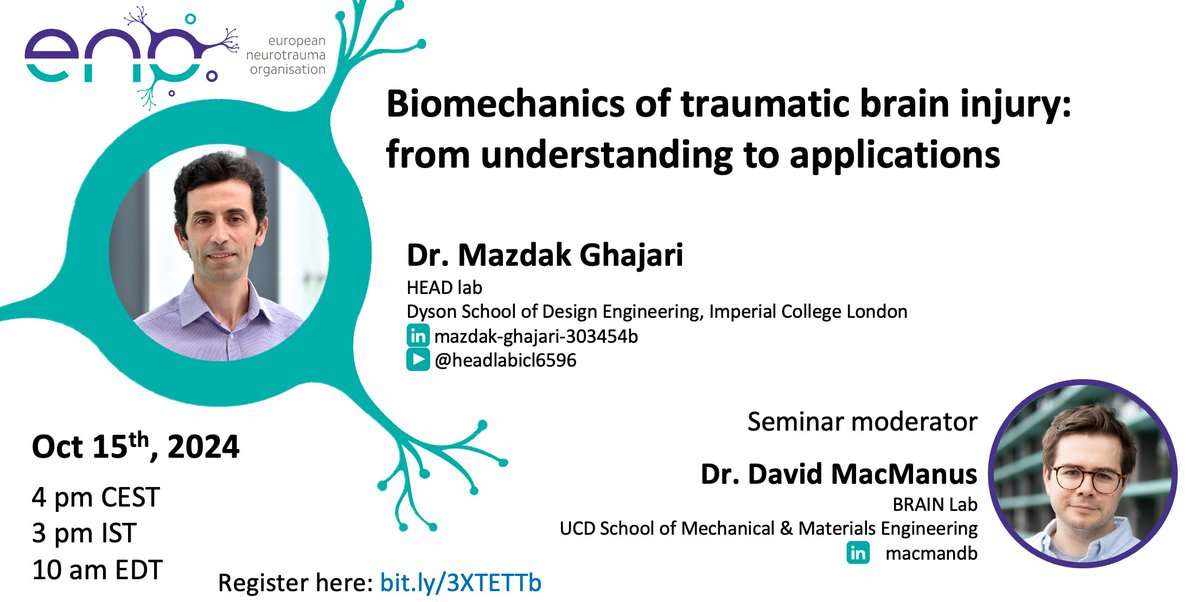 European Neurotrauma Organisation (ENO) (@enoneurotrauma) on Twitter photo Happy Monday! No better way to start it than registering for our next ENO webinar, which will take place on October 15th🥳
<a href="/GhajariMazdak/">Mazdak Ghajari</a> will be discussing Biomechanics of traumatic brain injury: from understanding to applications.
Register here ✏️ bit.ly/3XTETTb Happy Monday! No better way to start it than registering for our next ENO webinar, which will take place on October 15th🥳
<a href="/GhajariMazdak/">Mazdak Ghajari</a> will be discussing Biomechanics of traumatic brain injury: from understanding to applications.
Register here ✏️ bit.ly/3XTETTb