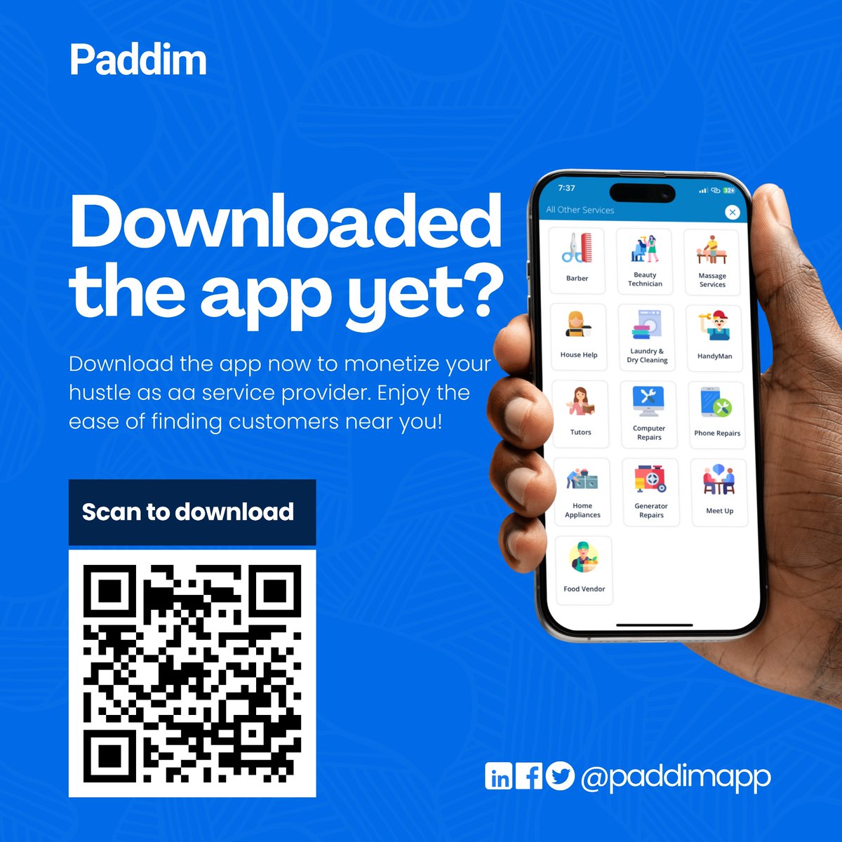 Happy New week! It’s another week of greatness!

To our service providers on and off Paddim, keep pushing, keep growing, success is just one service away.

Download the app now. 

Visit paddim.com for more inquiries 

#mondaymotivation #happynewweek #newweek