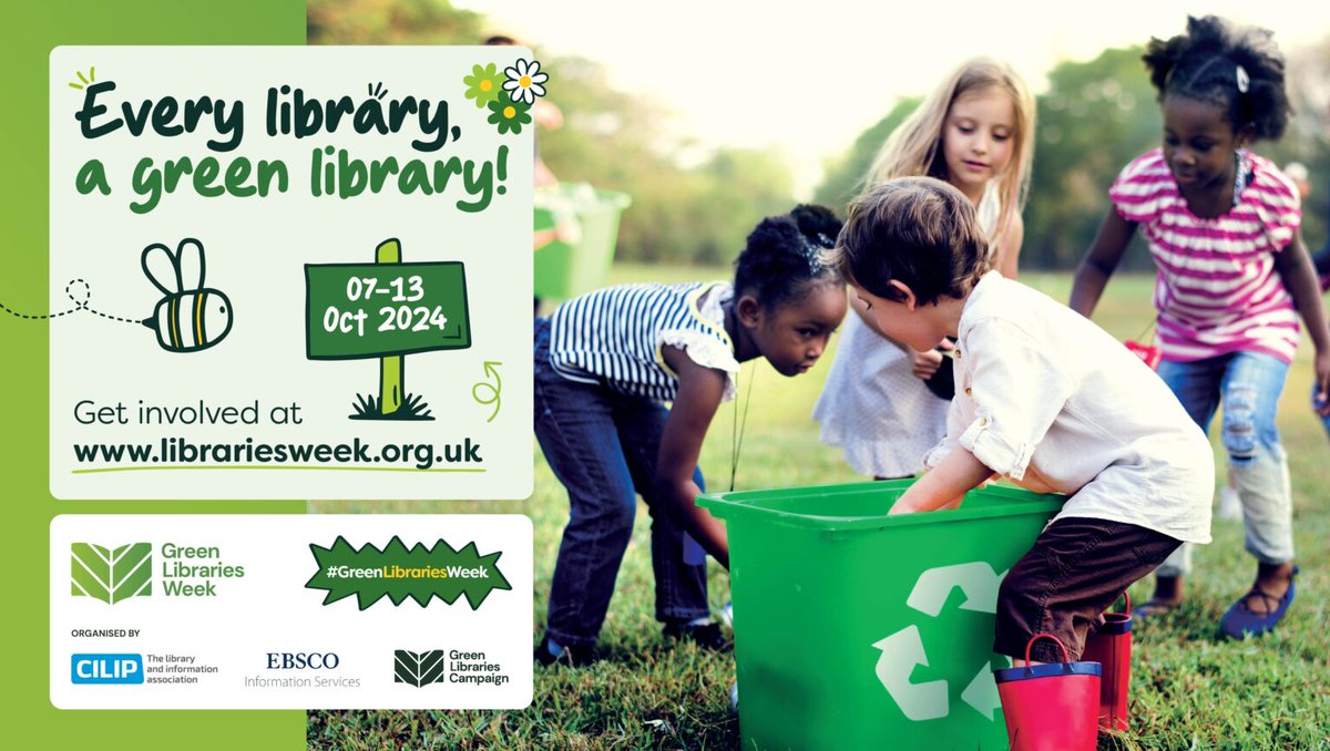 uksla's tweet image. Every library a green library this Green Libraries Week
Mon 7 Oct - Sun 13 Oct 2024
Green Libraries Week 2024 starts today! 
Led by @CILIPinfo, the national, annual celebration of libraries focuses on climate and sustainability.  #GreenLibrariesWeek  @librariesweek