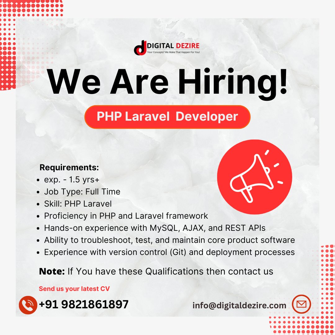 digital_dezire's tweet image. 🚀 Join Digital Dezire! We’re hiring a PHP Laravel Developer (1.5+ yrs). Proficient in PHP, Laravel, MySQL, AJAX & REST APIs.
Send your CV to info@digitaldezire.com or call +91 9821861897. #HiringNow #PHPDeveloper #laravel #hiring #digitaldezire #delhi #mysql #FULLTIMEJOB