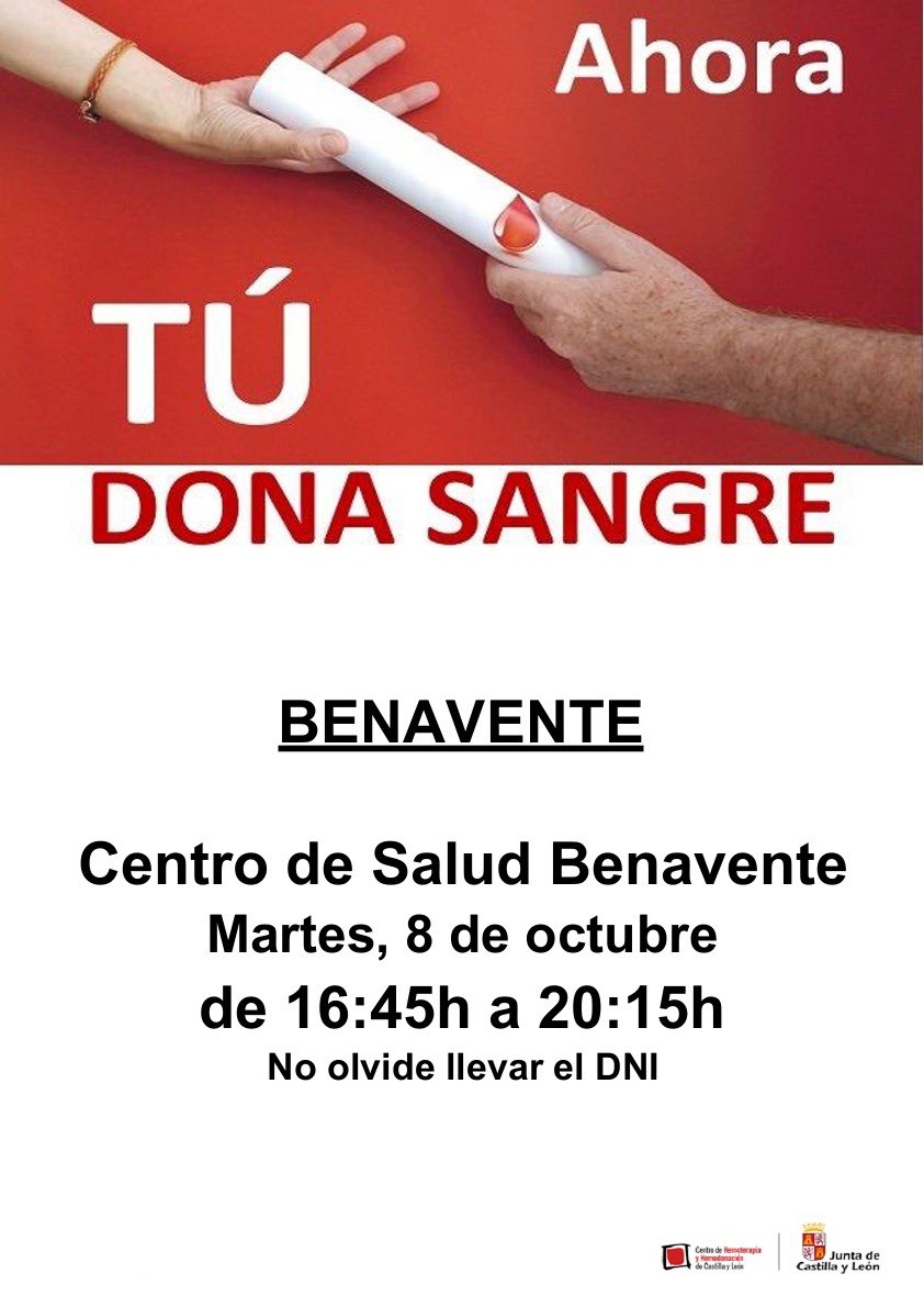 Tu próxima cita para regalar vida en Benavente.
📆 Martes, 7 de octubre. 
⏰ De 16:45 a 20:15
📍 Centro de Salud Benavente Sur.
<a href="/DONANTESZAMORA/">DONANTES DE SANGRE 🩸</a> <a href="/donasangreCYL/">Dona Sangre CyL</a>
#benavente #donasangre #donasangredonavida #donasangreregalavida #donasangresalvavidas #proteccioncivil #lasprotescuentan