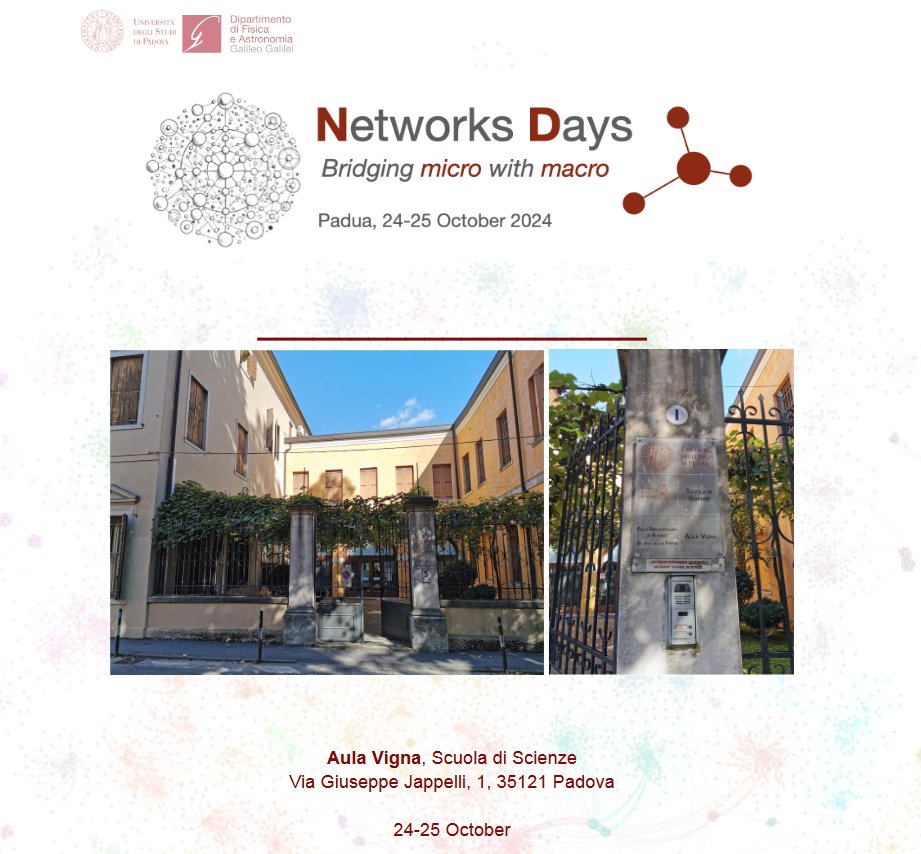 DFAUnipd's tweet image. Networks Days - Bridging micro with macro
Padova 24-25 October 2024
What are the main trends in complex networks theory?
What is the Physics of Complex Networks?
#research #complexnetworks #physics