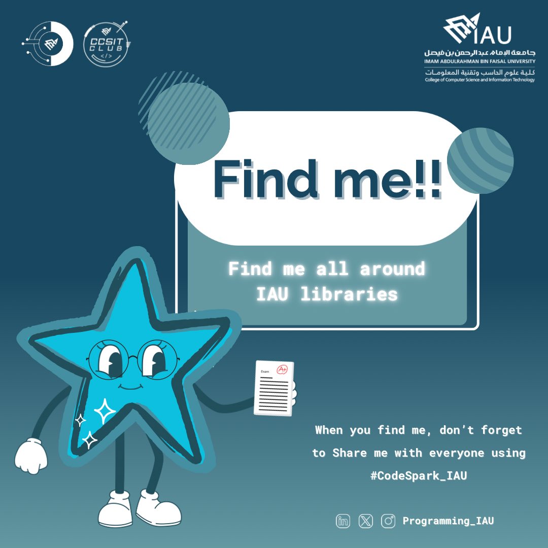 Programming_Iau's tweet image. نجمتنا CodeSpark في مكتبات IAU! 🌟
ابحثوا عنها وشاركونا اللحظة باستخدام
#CodeSpark_IAU #Programming_Club
#IAU_CCSIT #CCSIT_CLUBS #جامعة_الإمام_عبدالرحمن_بن_فيصل
