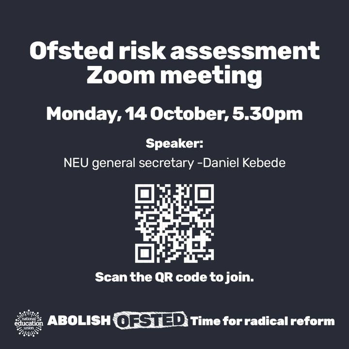 NEUnion's tweet photo. While Ofsted exists, it’s important educators know how to reduce the risks it poses: that’s why we created our Ofsted Risk Assessment.  

Join our Zoom call on October 14 at 5.30pm to learn more. Sign up for the call here👉 https://t.co/8X91hPu5QJ #AbolishOfsted https://t.co/UJTASyiMLr
