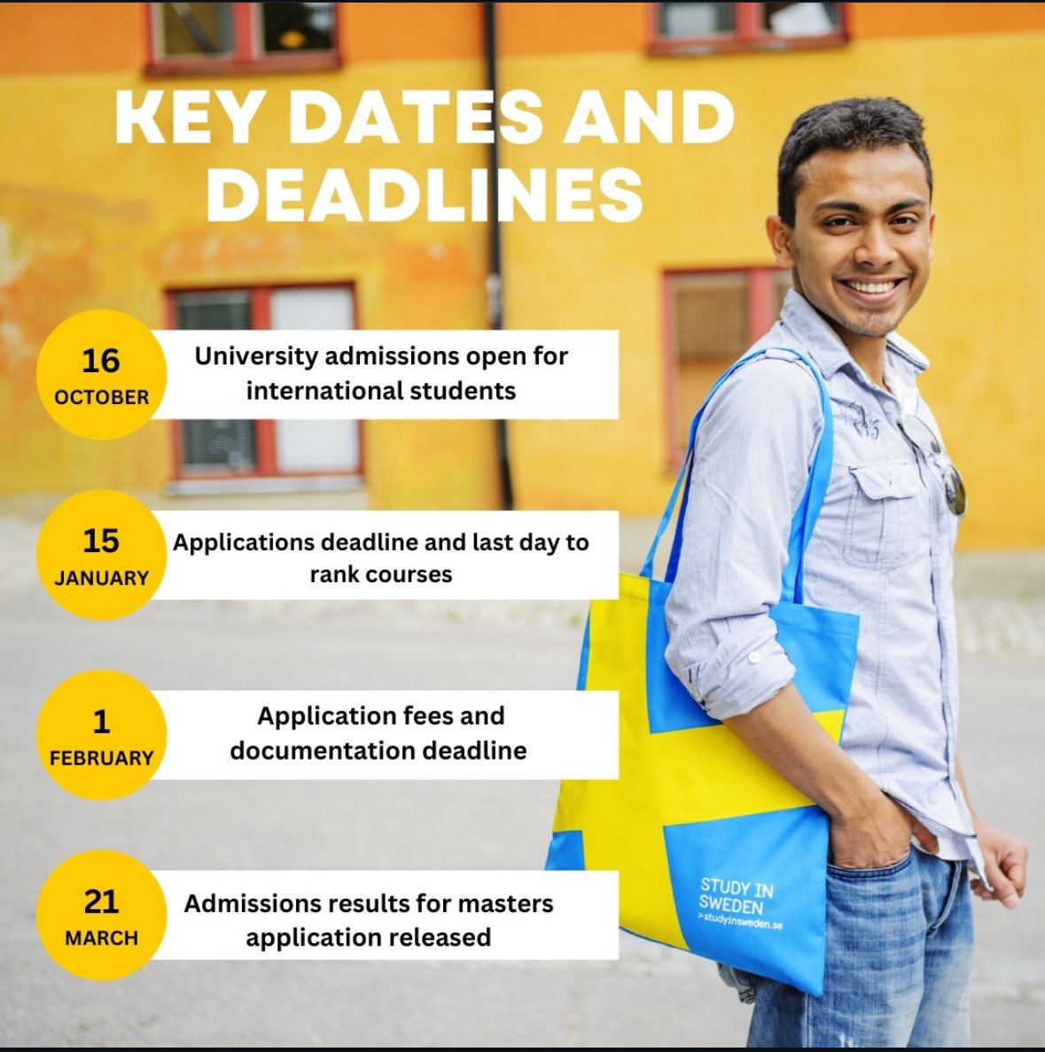 Applying to study in Sweden? It's easy with University Admissions! 🌍✨ Key dates for international students:

🗓️ 16 Oct: Applications open
🗓️ 15 Jan: Application deadline &amp; last day to rank courses
🗓️ 1 Feb: Application fee &amp; documentation deadline
🗓️ 21 Mar: Admissions results