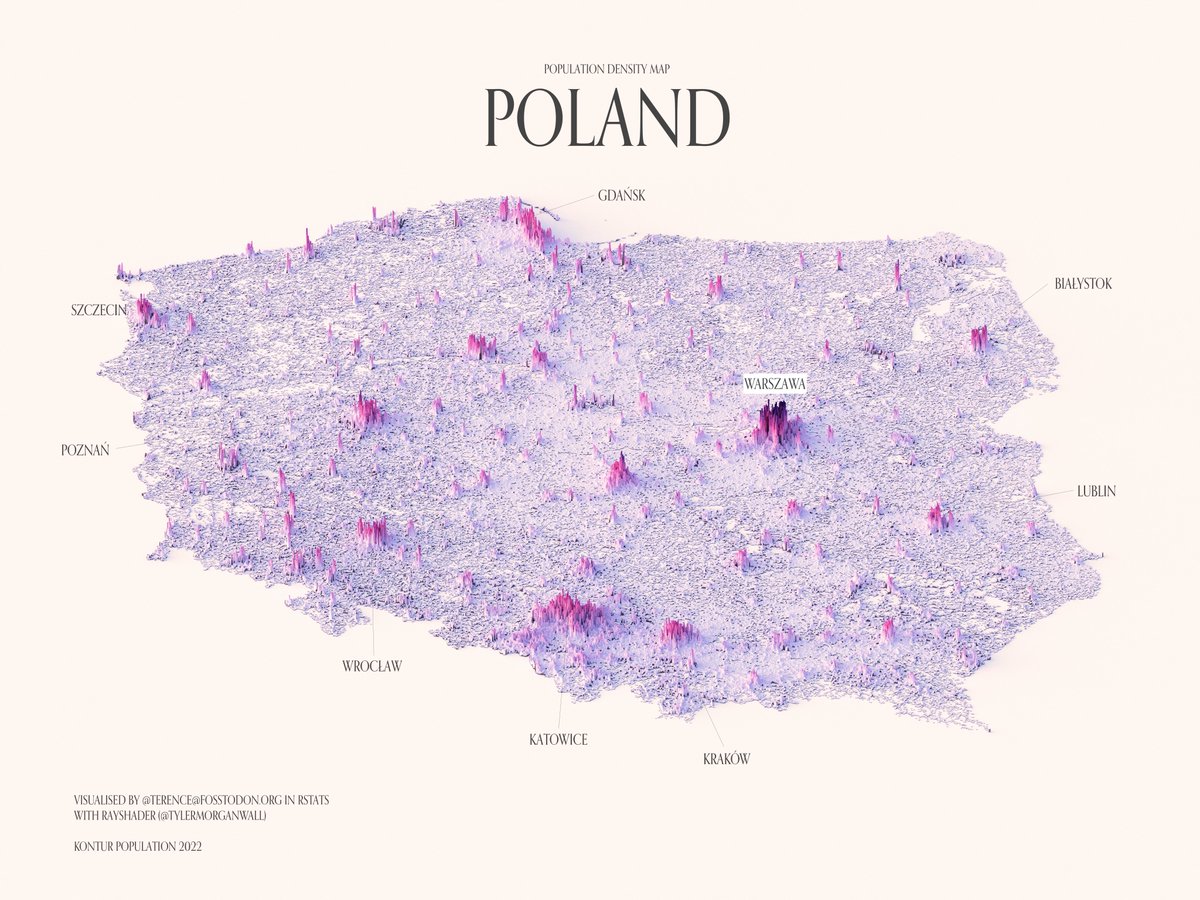 Jedna z moich ulubionych map - gęstość zaludnienia ale w wizualizacji graficznej która jest bardzo sugestywna.   Co ona nam mówi o naszym kraju i jego przyszłości? Bardzo dużo. 
Nie jest tajemnicą że wymieramy, nawet GUS w wariancie pesymistycznym (który zdaniem np