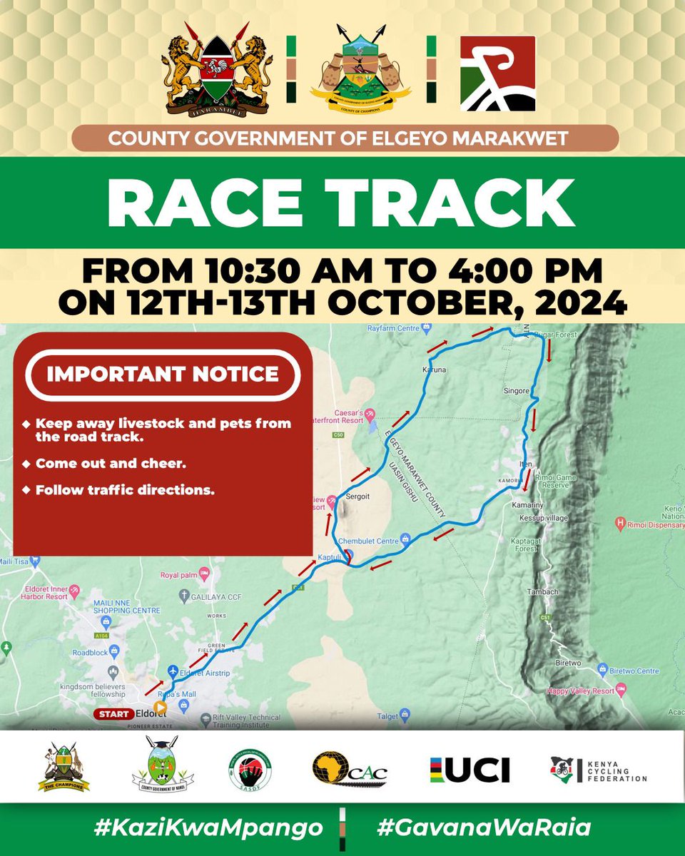CAC AFRICAN ROAD CYCLING CHAMPIONSHIPS (@cacafrican2024) on Twitter photo <a href="/ElgeyoMarakwetC/">Elgeyo Marakwet County</a> boasts one of the best cycling circuits due to its rolling landscapes and clean air, making it perfect for cycling and other sports.
H.E. Wisely Rotich invites you to the 1st CAC African Road Cycling Championship in Kenya.
#cacafricancycling2024 <a href="/ElgeyoMarakwetC/">Elgeyo Marakwet County</a> boasts one of the best cycling circuits due to its rolling landscapes and clean air, making it perfect for cycling and other sports.
H.E. Wisely Rotich invites you to the 1st CAC African Road Cycling Championship in Kenya.
#cacafricancycling2024