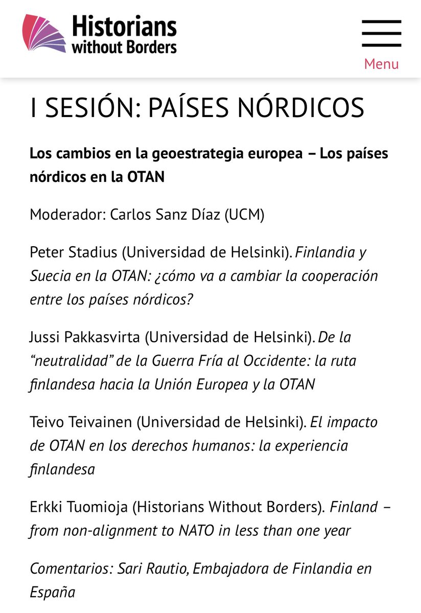 Kohta täällä Madridissa alkaa keskustelu Suomesta Natossa. Osa seminaaria, jossa puhetta myös kolonialismista. Voi seurata etänä: historianswithoutborders.fi/en/tapahtumat/… <a href="/HWB_fi/">Historians without Borders</a>