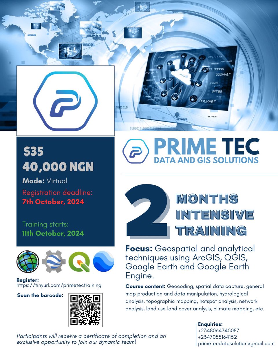Hurry now! Today is the deadline for registration.

Register for the two-month intensive training program on #GIS using a variety of software.

➡️ tinyurl.com/primetectraini…
