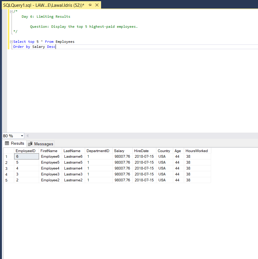 lawid3001's tweet image. Foundations of SQL
Day 6: Limiting Results
Question: Display the top 5 highest-paid employees.
@analystsleague
@RxData_
@iam_daniiel
#30daysSQLChallenge