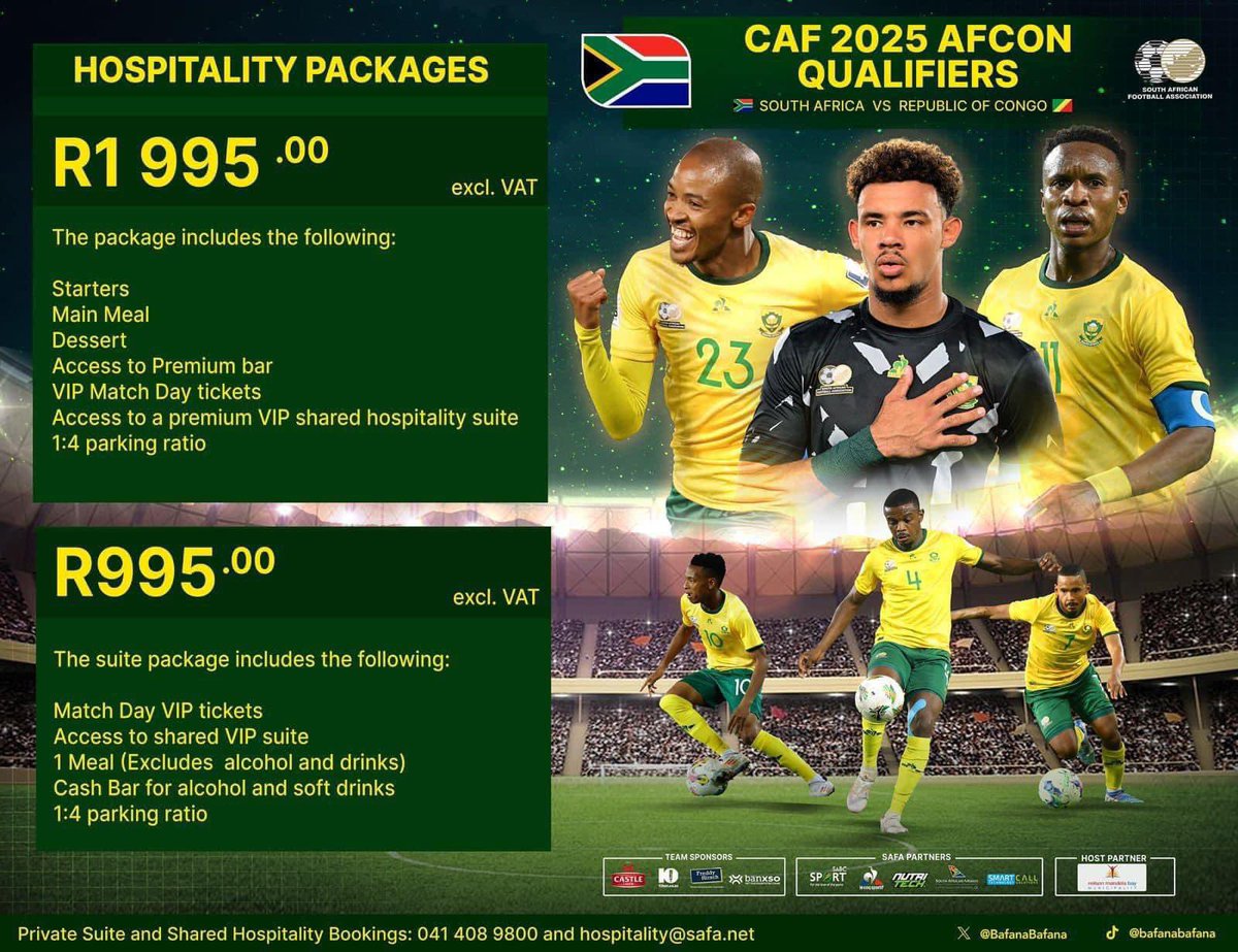 NMB_Stadium's tweet photo. The big week has arrived dear friends🔥

Come and watch a thriller of a game between @BafanaBafana Vs Congo. 

Prepare to be entertained, dance 💃🏻 sing 🎶 and cheer as loud as you can. Grab your tickets soon to avoid missing out 😁

🏆 Afcon Qualifier 
🗓️ 11 October 2024 - Friday 
🏟️ Nelson Mandela Bay Stadium 
⏰ 19:00pm 
🎟️ R60 Adults 👉 R30 Kids under 12 

Tickets are currently on sale at Ticketpro online, our stadium ticket office and Ticketpro outlets. 

TicketPro: https://t.co/gUFoUl9fiy

#ourstadium #afcon #bafanabafana #Congo
#Gqeberha