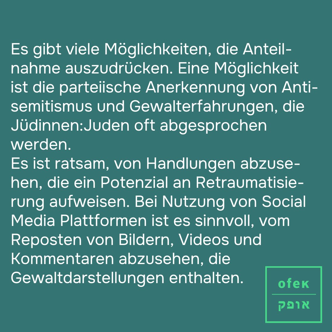 Die Bekundung von Solidarität und Anteilnahme ist nicht gebunden an eine (politische) Meinung und Position: Die Solidarität mit den Betroffenen ist universell und bedingungslos. 🧵

#GegenJedenAntisemitismus #Solidarität #Solidarity #Support #Oct7Massacre #OFEKBeratung