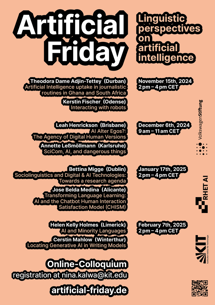 ai_rhet's tweet photo. 👩💻We still have one month to go until the first session of the online colloquium #ArtificialFriday starts with its sixth rendition!
We are excited to hear international perspectives on #linguistics and #AI from researchers around the world 🇿🇦🇩🇰🇦🇺🇩🇪🇮🇪🇪🇸🇨🇭 https://t.co/ZfA9wrv7LX
