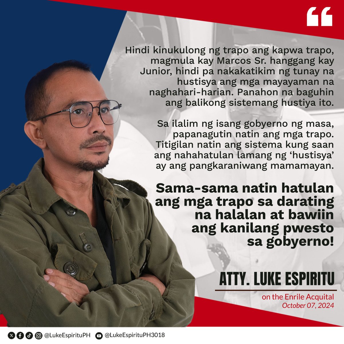 Hindi kinukulong ng trapo ang kapwa trapo. Panahon na baguhin ang balikong sistemang hustiya ito.

Sama-sama natin hatulan  ang mga trapo sa darating na halalan at bawiin ang kanilang pwesto sa gobyerno!