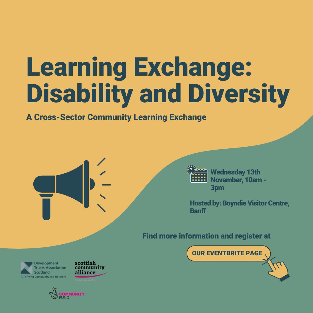 Join us for our first Cross-Sector Community Learning Exchange! 

The topic will be disability and diversity, hosted by Boyndie Visitor Centre on the 13th of November. 

Sign up on our Eventbrite page: eventbrite.co.uk/e/cross-sector…