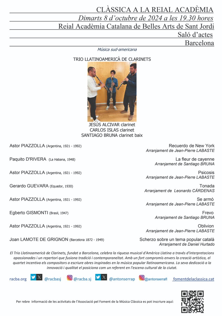 🗓️Demà la Clàssica a la Reial Acadèmia us ofereix el trio llatinoamericà de clarinets. No us ho podeu perdre!