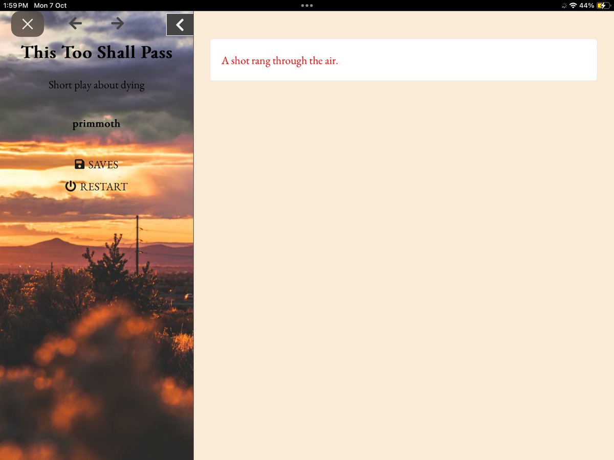 primmoth's tweet image. Experimenting with Twine for the first time &amp;amp; made a short fiction game!