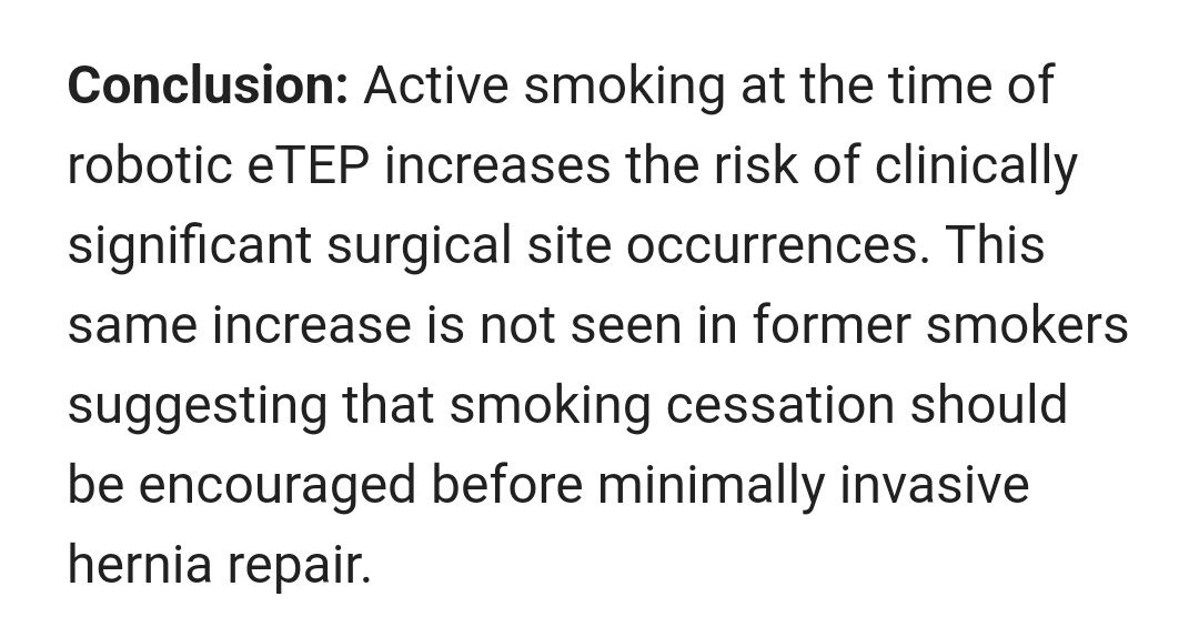 European Hernia Society (@eurohernias) on Twitter photo buff.ly/4c6JvtW Active smoking increases risk of wound complications in robotic #eTEP retro-rectus #VHR.
#HerniaSurgery #RoboticSurgery <a href="/SurgEndosc/">Surgical Endoscopy</a> buff.ly/4c6JvtW Active smoking increases risk of wound complications in robotic #eTEP retro-rectus #VHR.
#HerniaSurgery #RoboticSurgery <a href="/SurgEndosc/">Surgical Endoscopy</a>