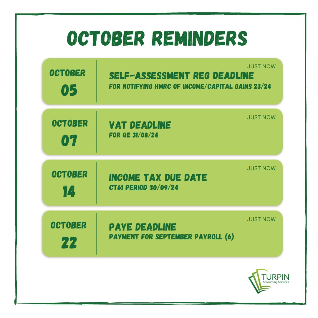 📆✨ October Reminders✨📊

Whether you're a business owner, accountant, or financial professional, mark your calendars for these key dates.

Stay proactive and organised to achieve your financial goals this October!

#Accounting #FinancialPlanning #OctoberReminders 💼📊