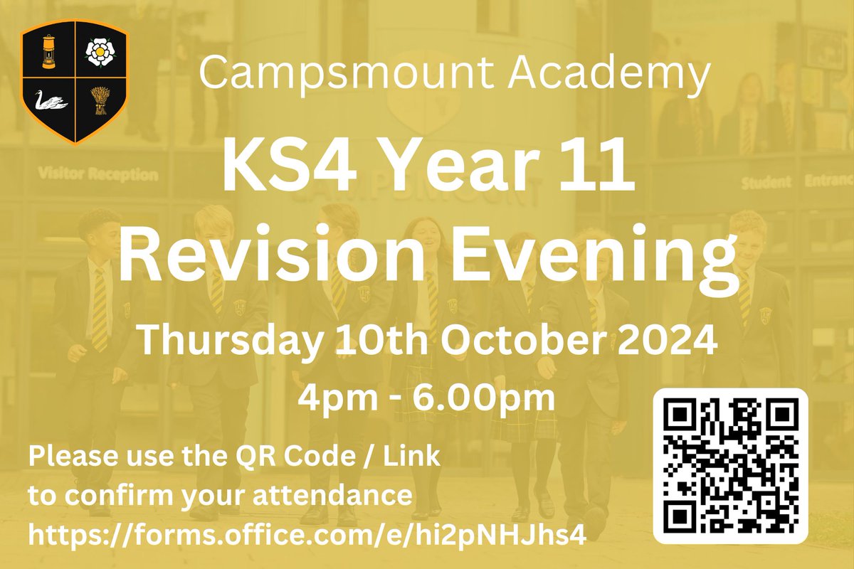 CampsmountAcad's tweet photo. Only 3 days to go until our Year 11 Revision Evening. An informative event with valuable insights and tools to support your child for their exams. This event is also part of our Going for Gold pledge. Please indicate your attendance using the link below 
https://t.co/c3byfwXdnv https://t.co/bYHLBwvHFF