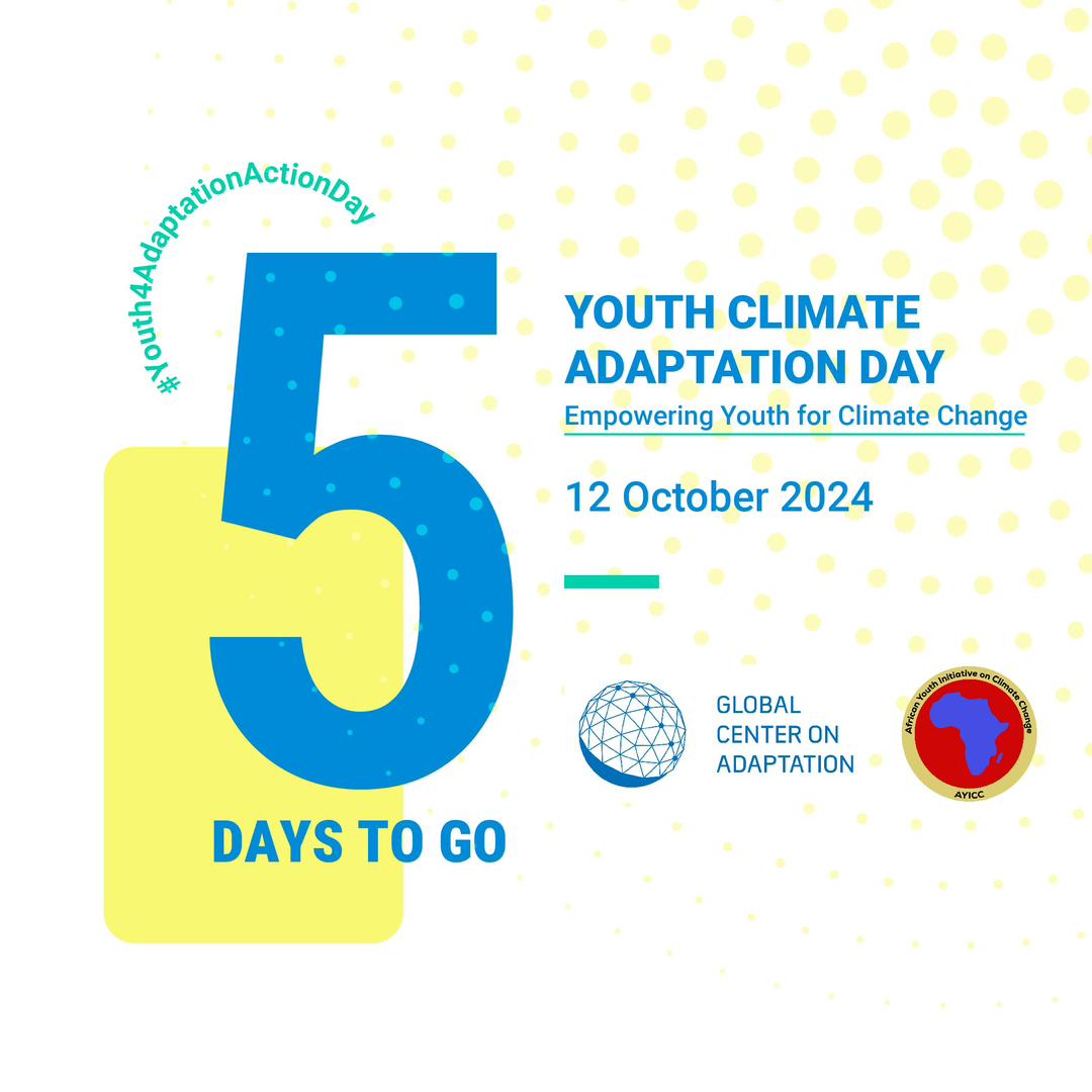 The countdown to the #YouthClimateAdaptationActionDay has officially begun! 

We’re just 5 days away from coming together to tackle #climate challenges and drive #youth-led solutions for a more resilient future.
#Youth4Adaptation <a href="/AYICC/">𝗔𝗬𝗜𝗖𝗖 𝗔𝗙𝗥𝗜𝗖𝗔</a> <a href="/GCAdaptation/">Global Center on Adaptation</a>