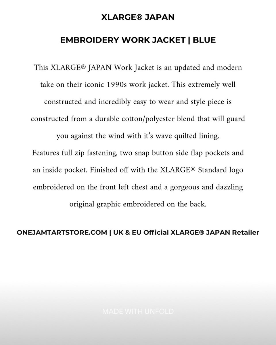 ONEJAMTART1's tweet image. onejamtartstore.com product spotlight | #XLARGE® JAPAN EMBROIDERY #WORKJACKET | BLUE. bit.ly/47U4lw6
#fashion #streetwear #streetfashion
