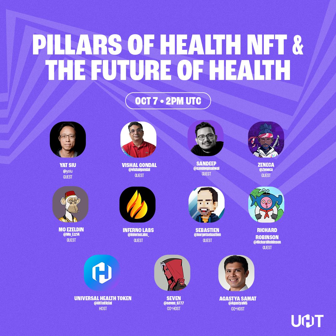 UHTofficial's tweet photo. 🗓 7th October, 2PM UTC

Join the conversation: all about the Pillars of Health NFT Collection (dropping later this week!) & the Web3 + Health revolution.

🎙https://t.co/H0SPCDSBBL