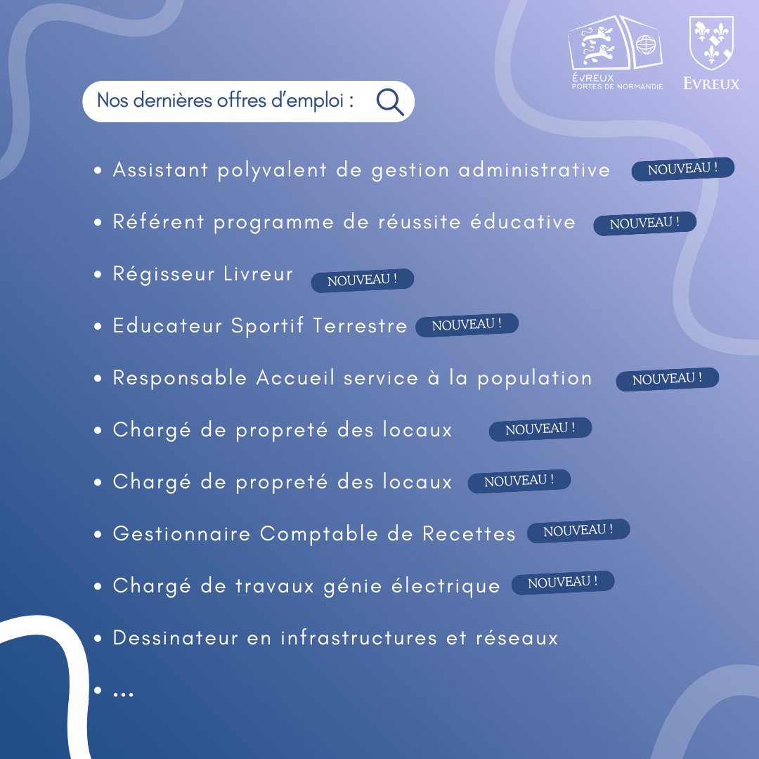 [#EMPLOI]

#Evreux et #aggloevreux recrutent !

&gt; Nouvelles offres : Assistant polyvalent de gestion administrative / ...

&gt; Offres en cours : Ilotier / Cuisinier en EHPAD /  ...

👉 Pour postuler, envoyez votre CV et lettre de motivation ⤵️
evreuxportesdenormandie.fr/285-evreux-por…

#offreemploi