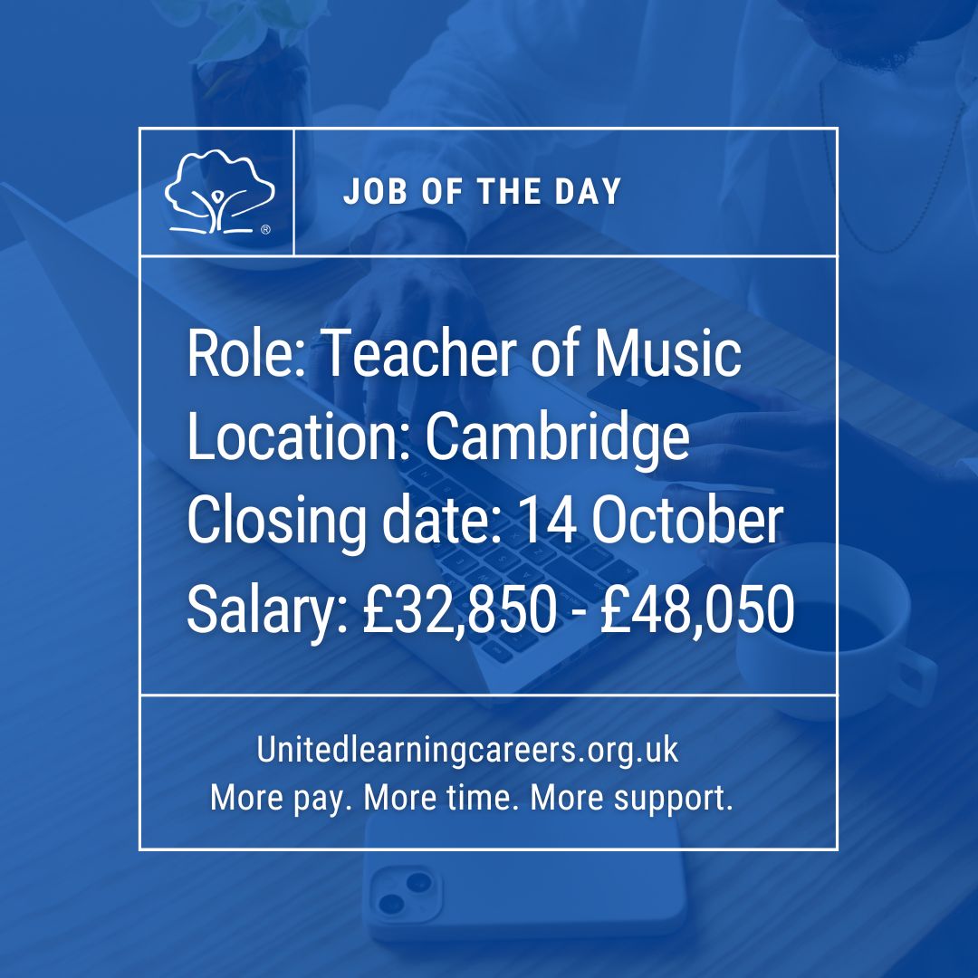 📣 Job of the day 📣  

We are looking to appoint a Teacher of Music.  

If this could be you, find out more and apply now: ow.ly/9prP50TBZki  

#JobOfTheDay #NowHiring #JobSearch #Hiring #Vacancy #ApplyNow #Education #OpenToWork #Jobs2Apply4 #JOTD