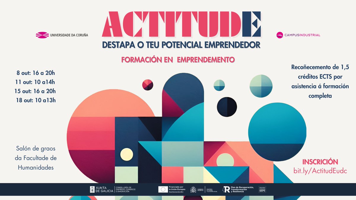 Campus Industrial (@ciferrol) on Twitter photo #CIFaoDía Din que a vida é cuestión de actitude, destapa o teu potencial emprendedor! Inscríbete ➡️ acortar.link/A2nQfR <a href="/UDC_gal/">Universidade da Coruña</a> <a href="/Empregoudc/">EmpregoUDC</a>
📅 8, 11, 15 e 18/OUTUBRO 💰 Formación Gratuíta
📍 Salón de Graos da Facultade de Humanidades e Documentación #CampusFerrol #CIFaoDía Din que a vida é cuestión de actitude, destapa o teu potencial emprendedor! Inscríbete ➡️ acortar.link/A2nQfR <a href="/UDC_gal/">Universidade da Coruña</a> <a href="/Empregoudc/">EmpregoUDC</a>
📅 8, 11, 15 e 18/OUTUBRO 💰 Formación Gratuíta
📍 Salón de Graos da Facultade de Humanidades e Documentación #CampusFerrol