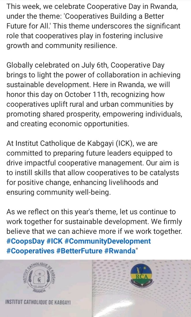 MUKESHIMANAOdi1's tweet photo. In Rwanda, we celebrate Cooperative Day on Oct 11, honoring their role in building resilient communities. At @ICKKabgayi , we prepare leaders to drive impactful cooperative management for a better future. Together, we can achieve more.
#RuralAndUrbanDevelopment at ICK https://t.co/r2sYNpYokR
