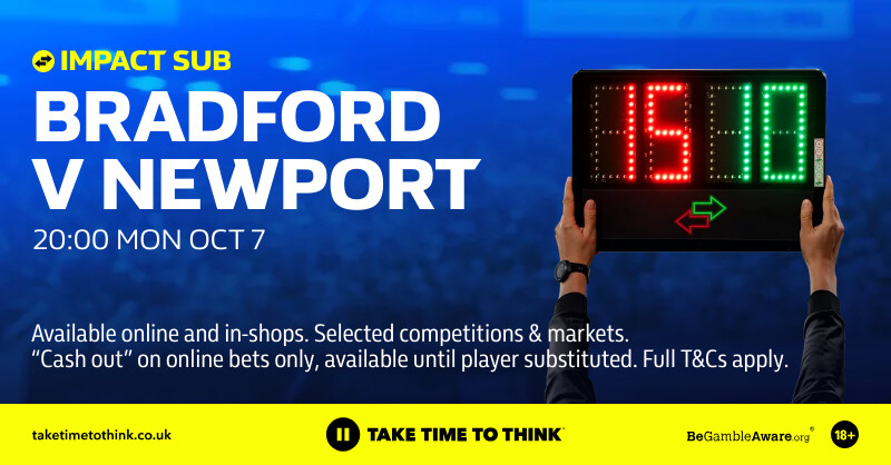 WilliamHill's tweet photo. This evening's 𝐈𝐦𝐩𝐚𝐜𝐭 𝐒𝐮𝐛 offering turns to League Two.
Place a bet on any 𝐈𝐦𝐩𝐚𝐜𝐭 𝐒𝐮𝐛 eligible market, including selections within Bet Builders. 👇
18+ BeGambleAware