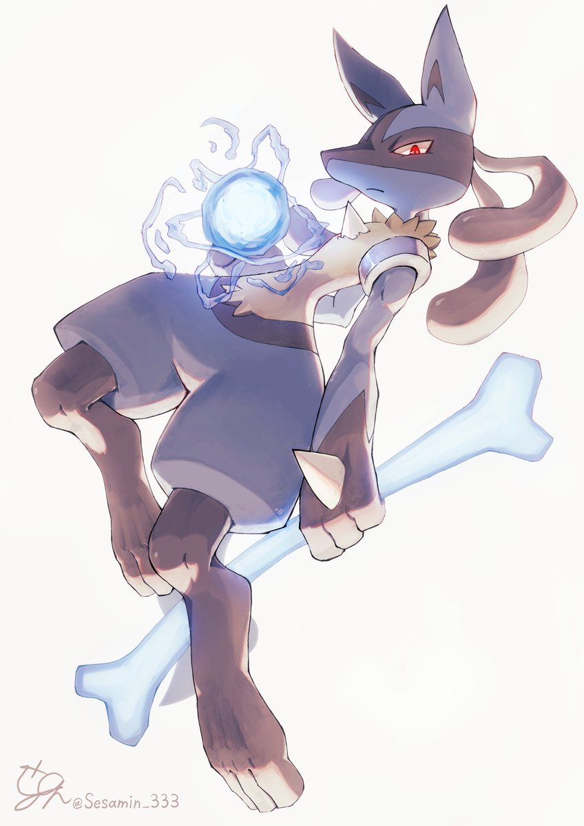 lucario solo looking at viewer simple background white background red eyes holding closed mouth  illustration images