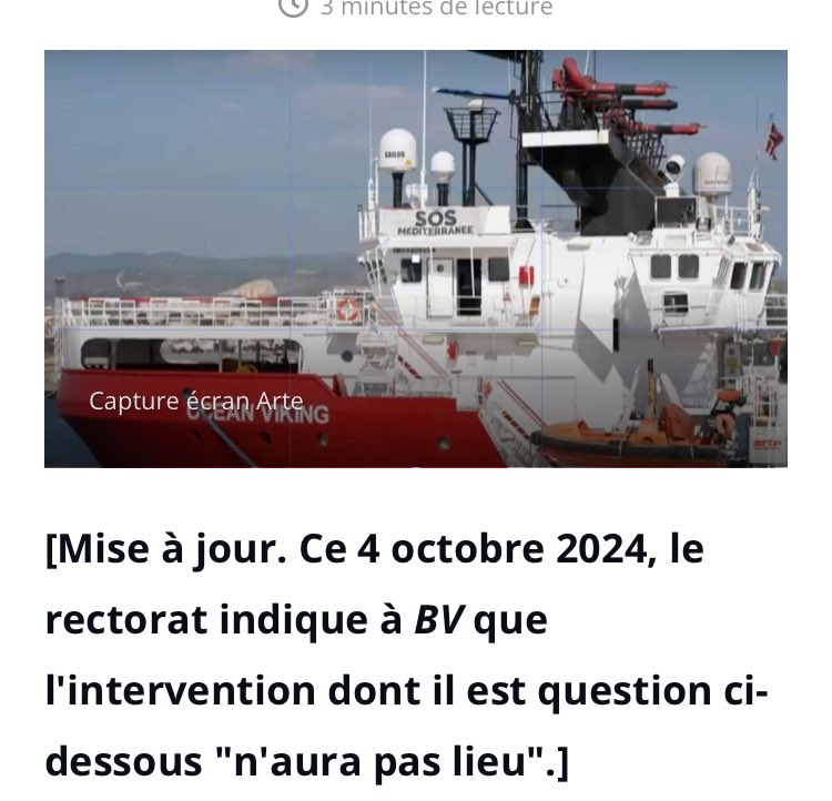 🟡 Nouvelle victoire des Parents Vigilants !

Suite à notre signalement, l’intervention de SOS Méditerranée prévue devant des élèves de 8 ans à Septèmes-les-Vallons est annulée.

Parents, refusez la propagande à l’école: rejoignez-nous et déposez vos témoignages sur notre site 👇