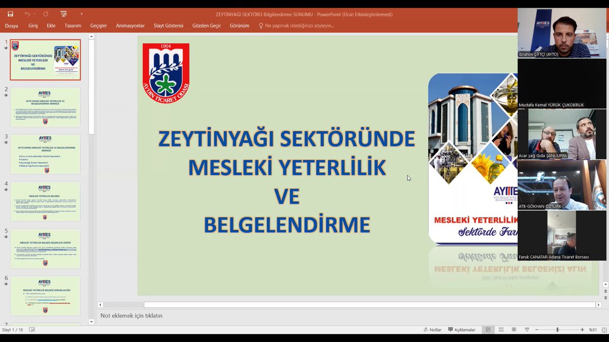 AYMES , Adana Ticaret Borsası Üyesi zeytinyağı firmaları için videokonferans ile düzenlediği toplantıda Zeytinyağı ve Bitkisel Yağ Sektöründe Mesleki Yeterlilik Belgesi Zorunluluğu hakkında bilgilendirmelerde bulundu.
ayto.org.tr/tr/haber/4083