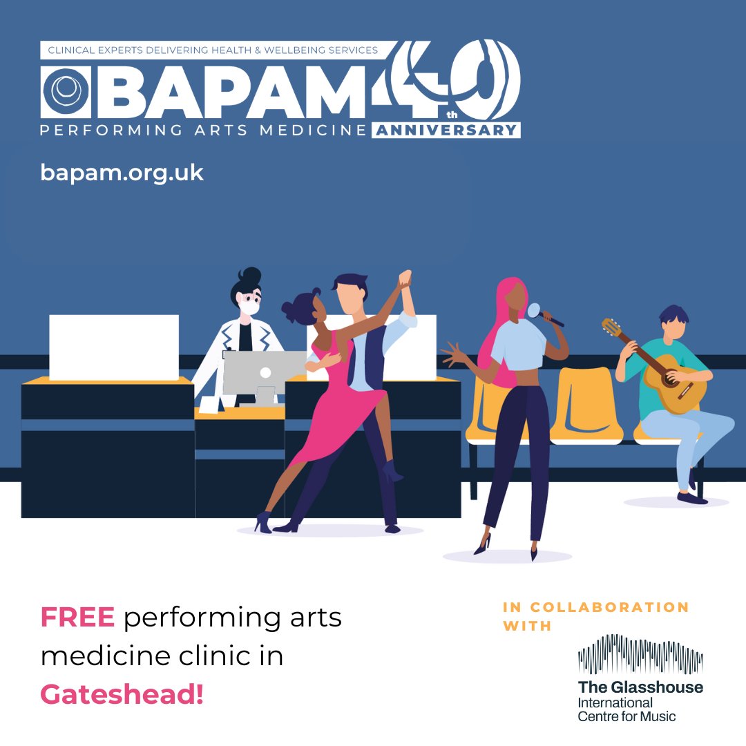 Free BAPAM clinic at the Glasshouse 11.10.24 with GP, Dr Thomas Fairfax.  
Clinics are open to all working/studying in the performing arts. Comprehensive assessment is provided by clinicians who understand the demands of your career &amp; help you overcome problems quickly &amp; safely.