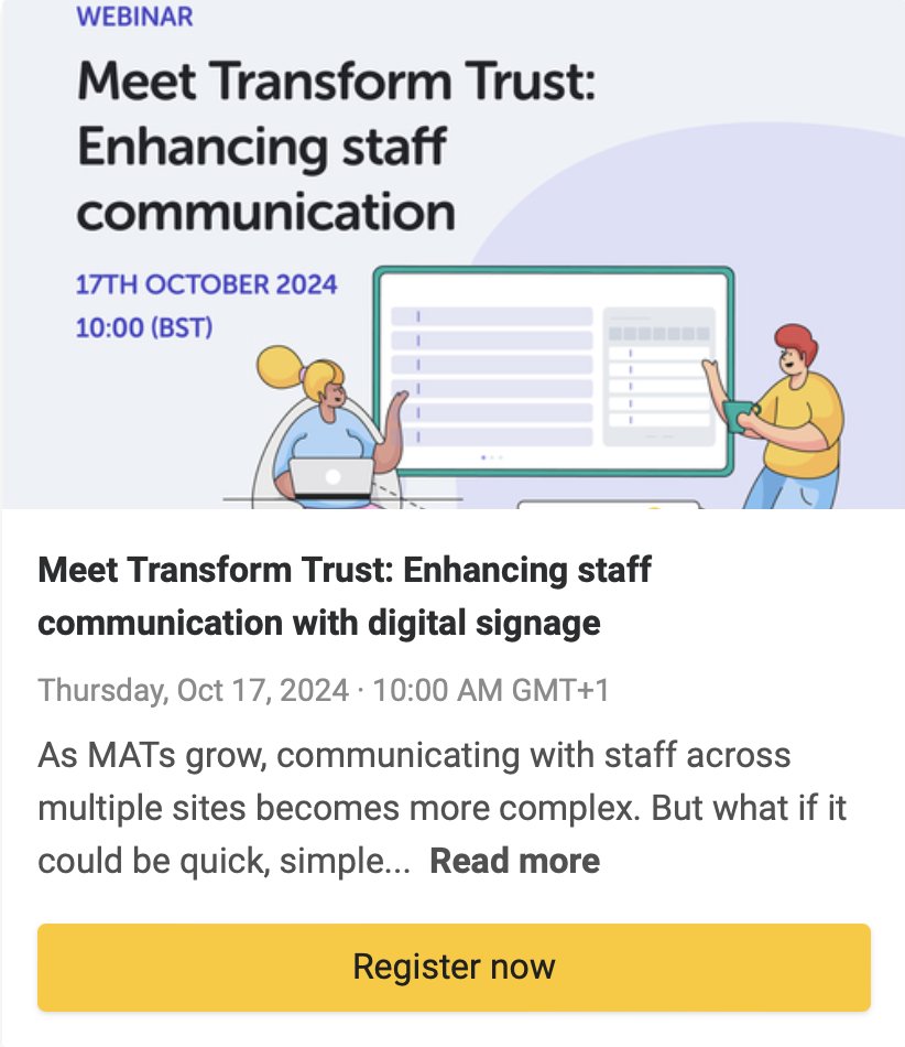 Our next <a href="/trilbytv/">TrilbyTV</a> webinar is filling up nicely👍On the 17th October at 10am we will be talking to <a href="/TransformTrust2/">Transform Trust</a>. We will discuss the use of #digitalsignage across all 26 of their primary schools for staff communications
trilbytv.webinargeek.com #marketing #communication