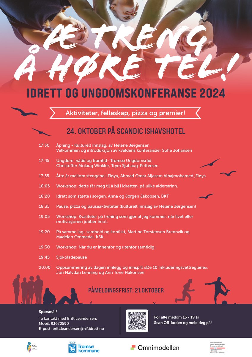 Bli med på "Æ treng å høre tel!" 🌟 Gratis konferanse 24.10 for ungdom og foresatte med sterke innlegg som "Idrett som støtte i sorgen" fra Anna og Jørgen Jakobsen fra <a href="/BKTromsoe/">Ballklubb Tromsø (BKT)</a>. Pizza og underholdning også!🍕Meld deg på nå! 🙌 #Ungdomskonferanse #Tromsø idrettsråd.no/tromsogfinnmar…