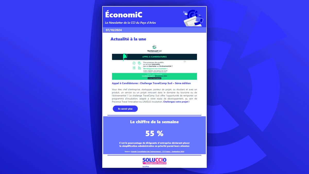 CCIPAYSARLES's tweet photo. 🗞 La #Newsletter de votre @ccipaysarles est dispo !
📄 https://t.co/j34iP2gzb9

📨 Vs souhaitez la recevoir ? Abonnez-vs !
✅ https://t.co/C6nxsh5Wg6

#Actu #ChiffreDeLaSemaine #Soluccio #CCIFormation #Agenda #PalaisDesCongrès #ÉconomiCMag

@cci_paca @congres_arles https://t.co/NSL4N4ltF8