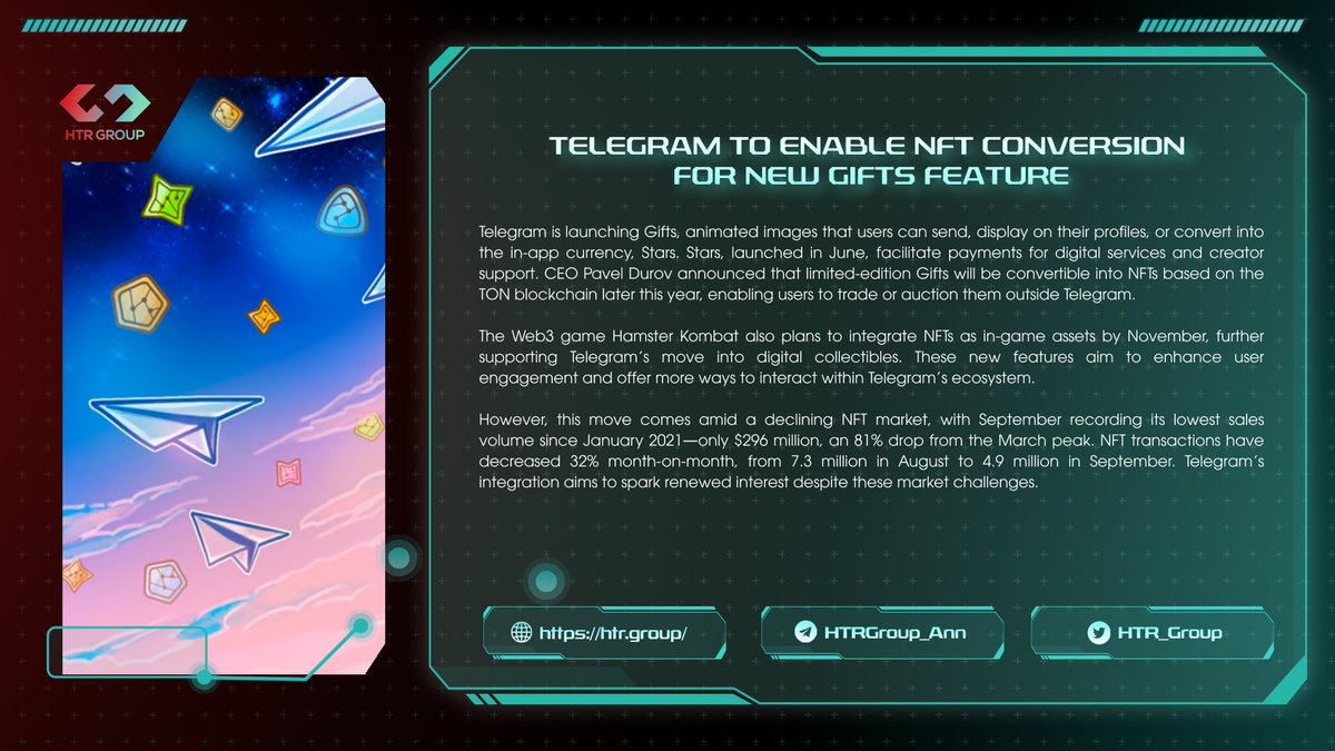 Telegram to enable NFT conversions for its Gifts feature, allowing trading outside the platform, as NFT market sales hit their lowest volume since January 2021.

For more details, check out: cointelegraph.com/news/telegram-…