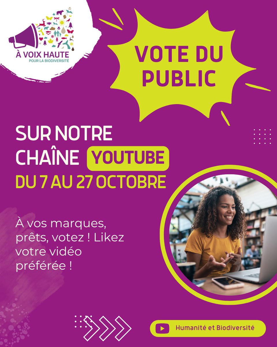 🌿 À vos marques, prêts, votez ! Le concours "À Voix Haute pour la Biodiversité" touche à sa fin, et c’est à vous de jouer ! 🗳️💚Visionnez les vidéos sur la chaîne YouTube d'Humanité et Biodiversité et votez pour votre favorite ! 👉 YouTube : youtube.com/playlist?list=… #VoteDupublic