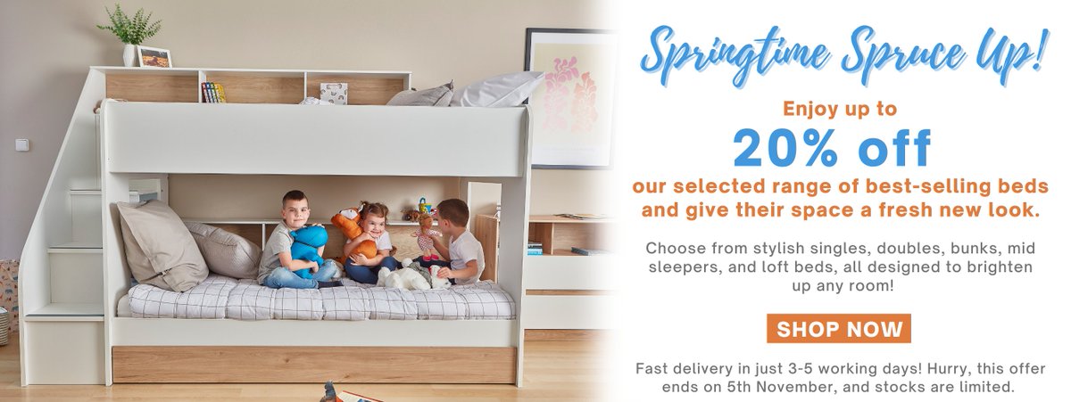 Springtime Spruce Up!🥳 Enjoy up to 20% off our selected range of best-selling beds and give their space a fresh new look. 
Shop now: nestdesigns.co.za/products/sale/…
Fast delivery in just 3-5 working days! Hurry, this offer ends on 5th November, and stocks are limited.