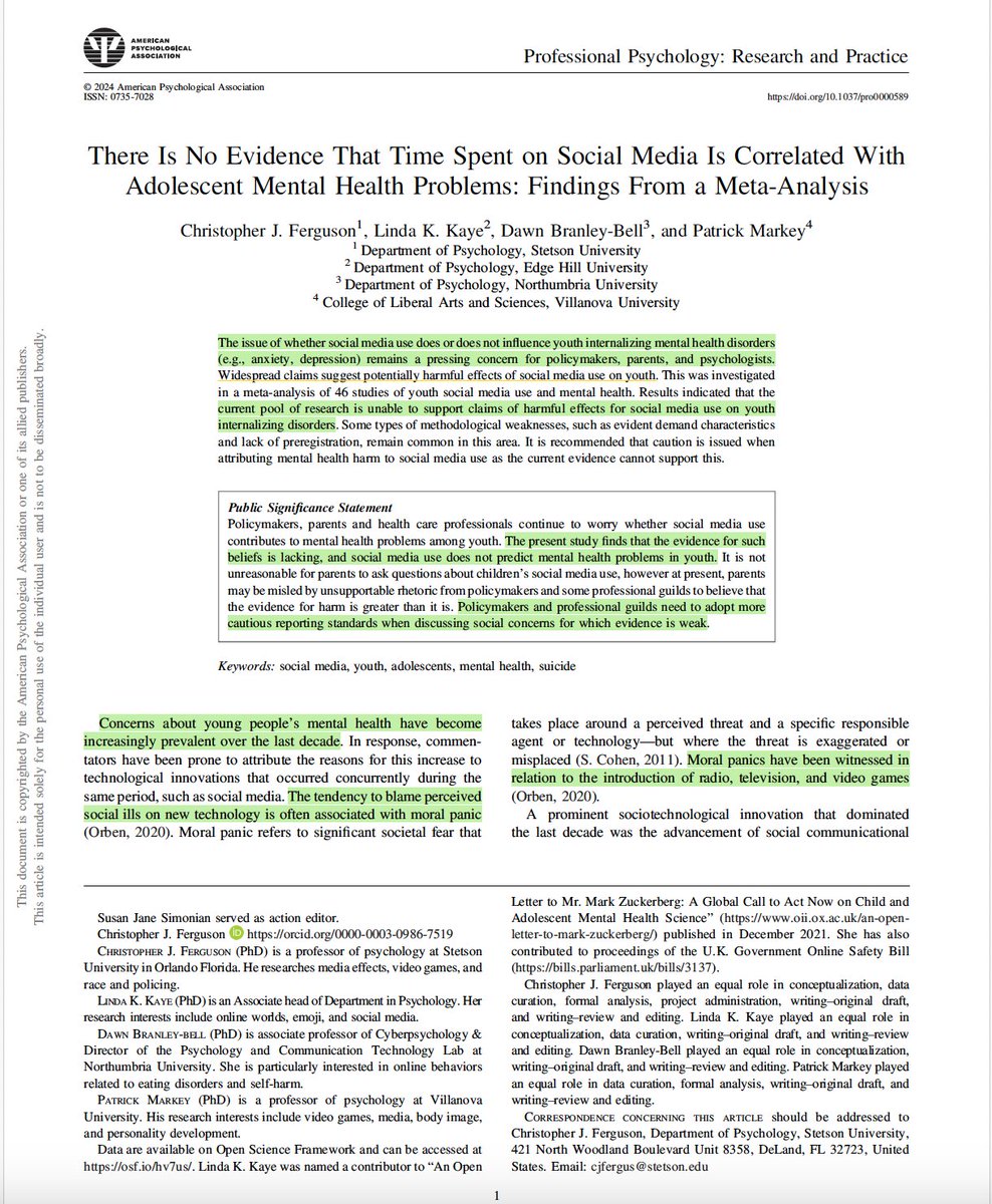 ¿Contribuye el uso de las redes sociales a los problemas de salud mental entre los jóvenes?

✅Según estos autores, no hay evidencia sólida que permita establecer un vínculo clínicamente relevante entre el tiempo dedicado a las redes sociales y los problemas de salud mental🧵👇
