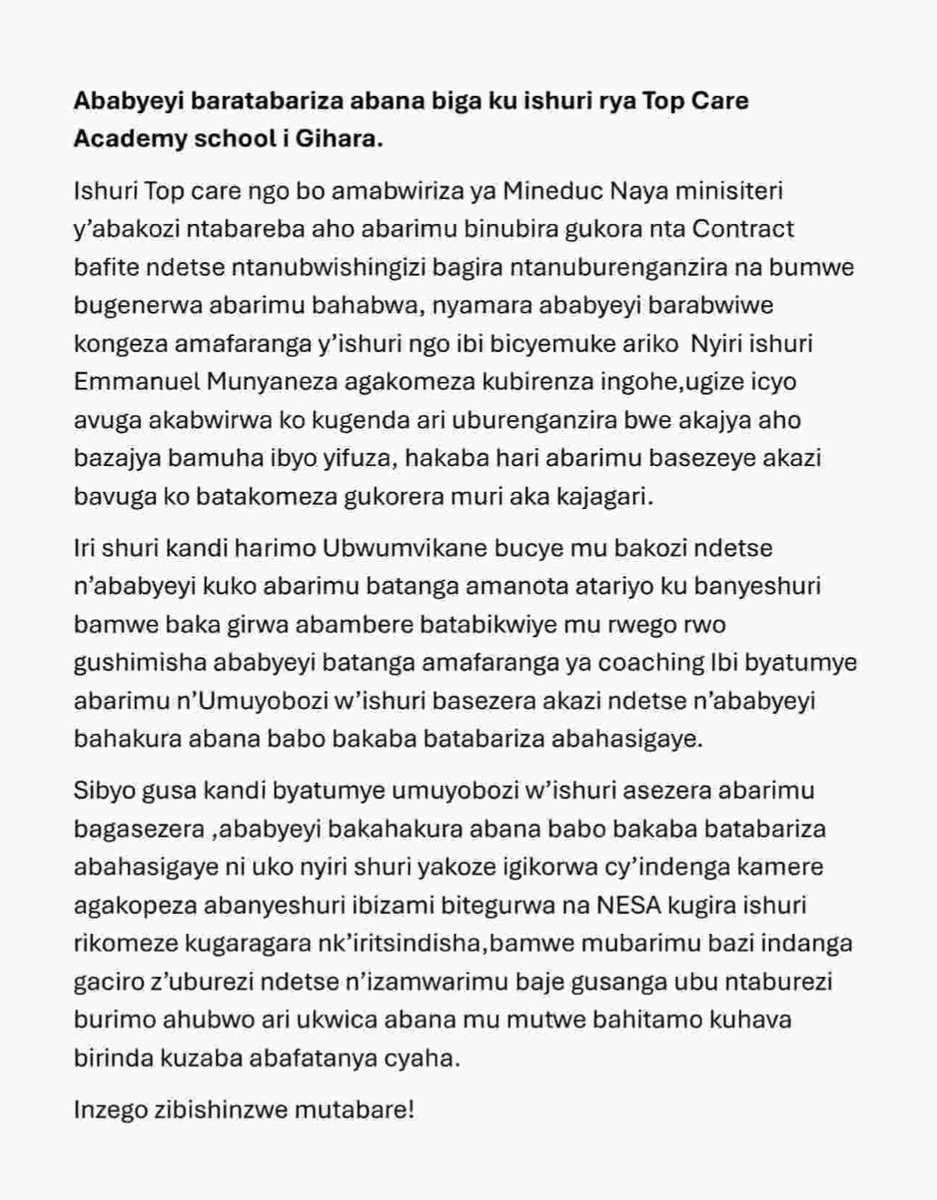 TayaTheoneste's tweet photo. Ishuri Top care Academy ngo  amabwiriza ya @Rwanda_Edu naya @RwandaLabour ntabareba! Abarimu binubira gukora nta Contract,ntanubwishingizi bagira nyamara ababyeyi barongeje amafaranga y'ishuri ngo ibi bicyemuke ariko  Nyiri ishuri Emmanuel Munyaneza  agakomeza kubirenza ingohe. https://t.co/2MWPTtkahm